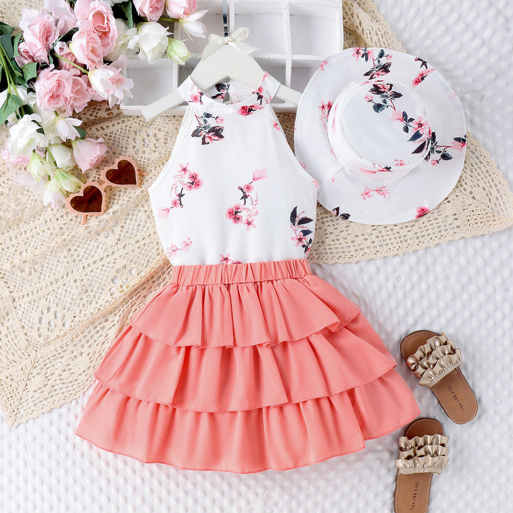 Printed Halter Top Cake Skirt With Hat Suit