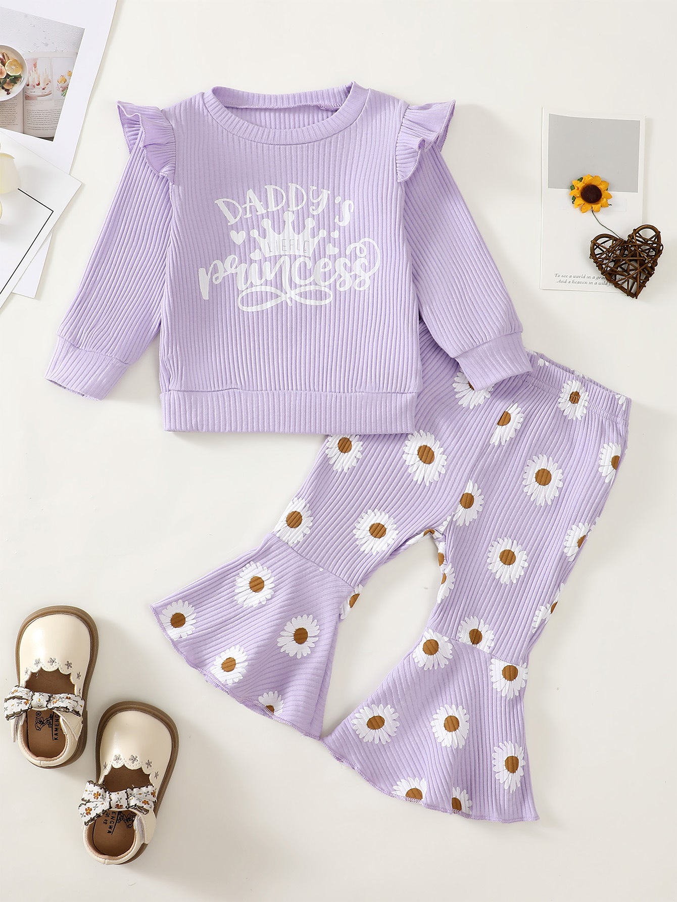 Baby Girl Long Sleeve Sunken Stripe Top Flower Print Two-piece Set
