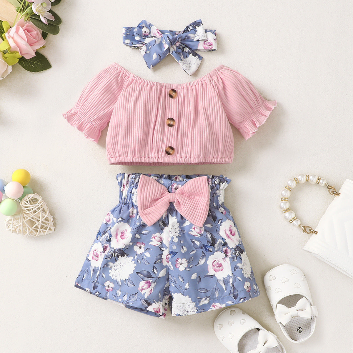 Baby Printed Shorts Suit, Short Sleeve T-shirt 3pc Set