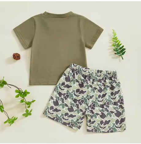 Boy's Camouflage Printed Faux Pocket Short Sleeve Top Set