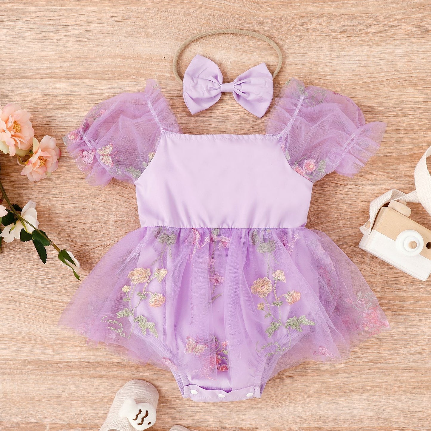 Multi-color Embroidered Skirt Lace Mesh Onesie With Headband