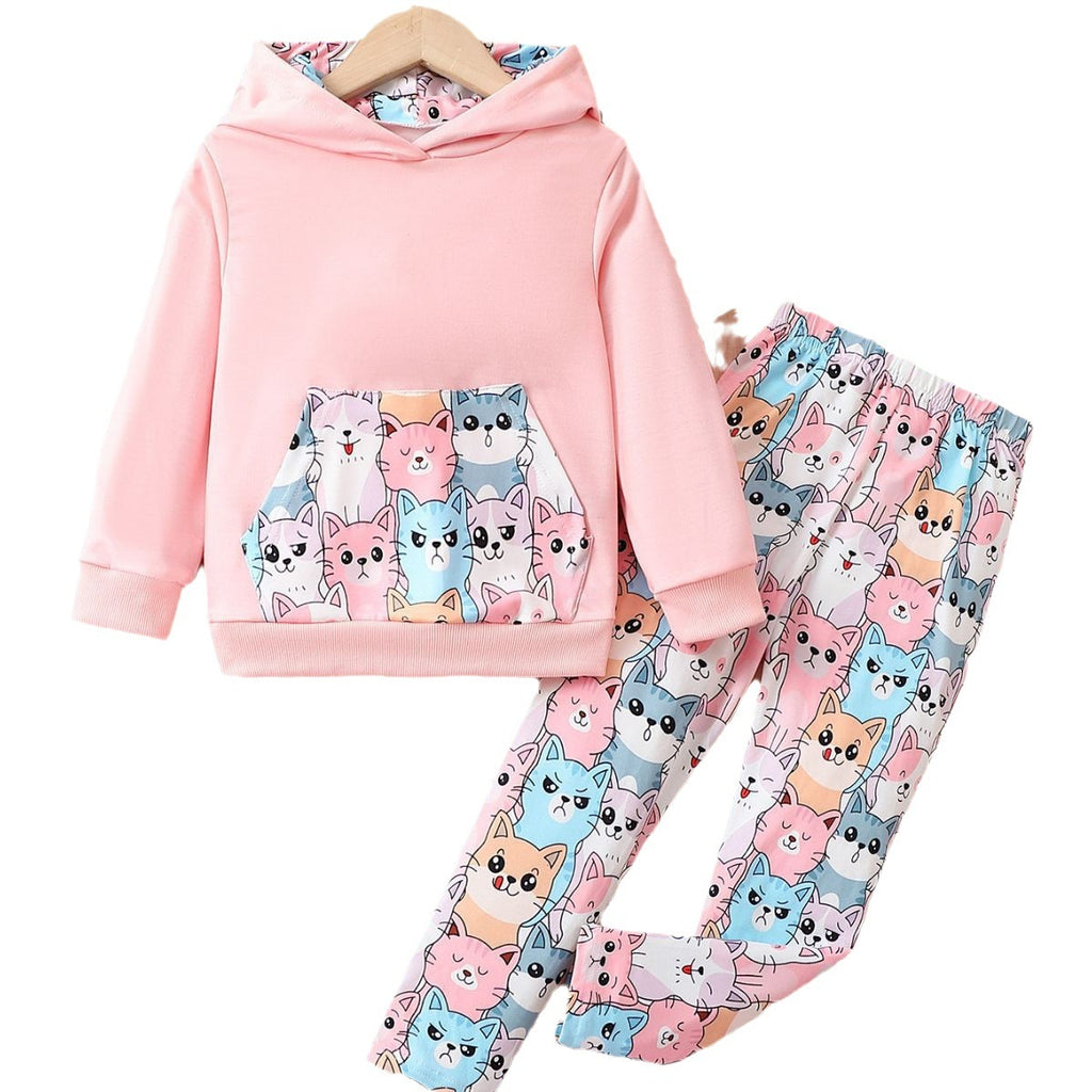 Girls' Cartoon Cat Long Sleeve Trousers Suit