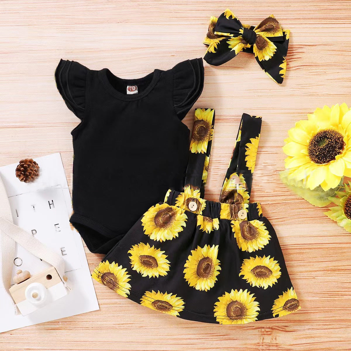 Baby Girls' Sunflower Printing Suit Romper Three-piece Set