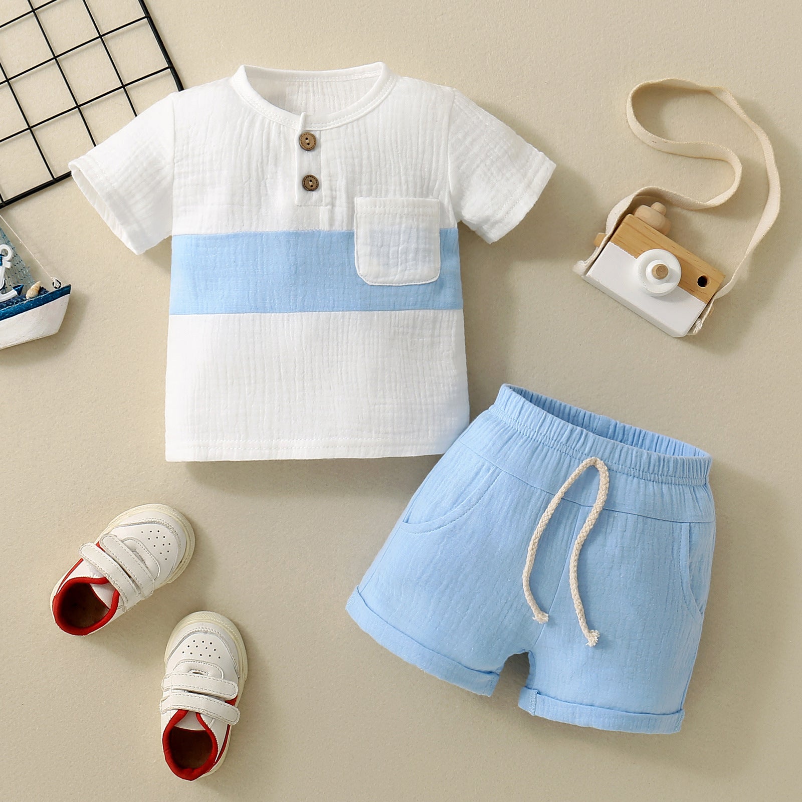 Baby Boy Colour Block Patchwork Top Shorts 2pc Set