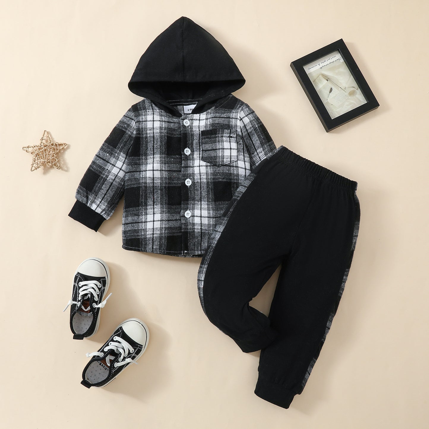 Toddler Baby Boy Classic Plaid Hooded Long Sleeve Shirt Contrast Color Trousers Suit