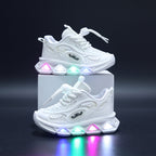 White sneakers with LED lights on a dark background