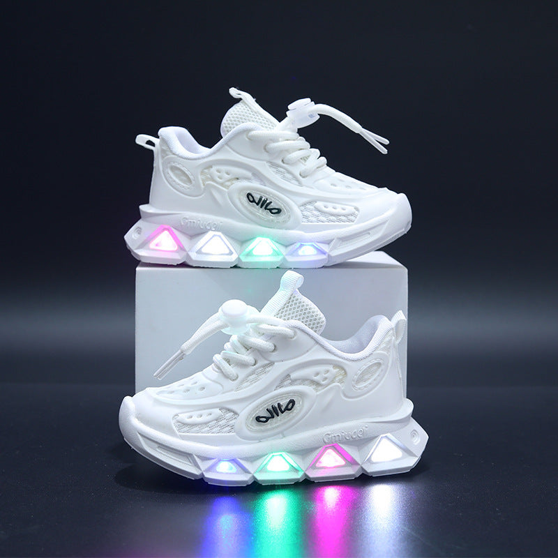 White sneakers with LED lights on a dark background
