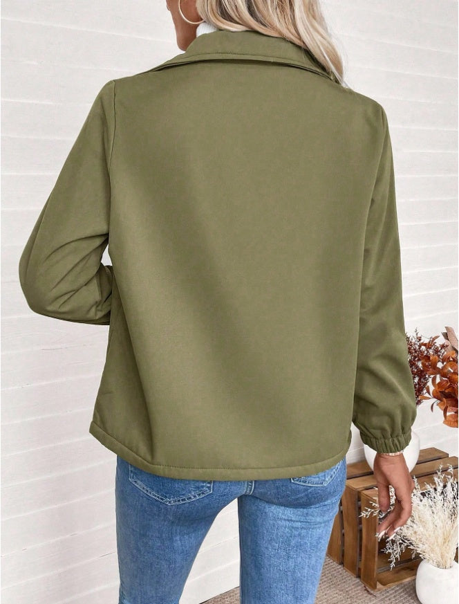 Casual Solid Color Zipper Fleece Jacket, Autumn Winter