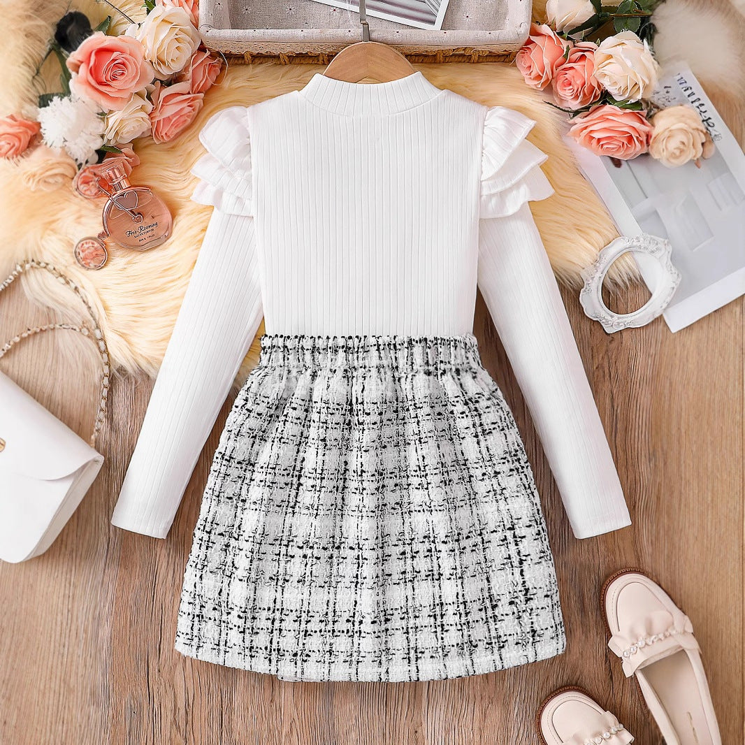 Girls' Long-sleeve Knitted Asymmetrical Skirt Set