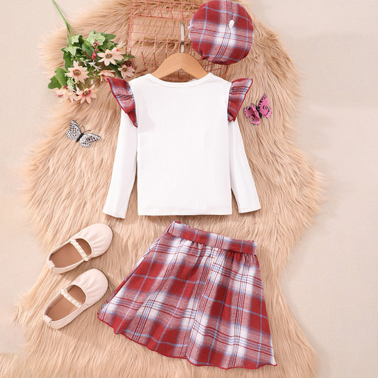 Girl's Ruffled Plaid Skirt 2pc Set