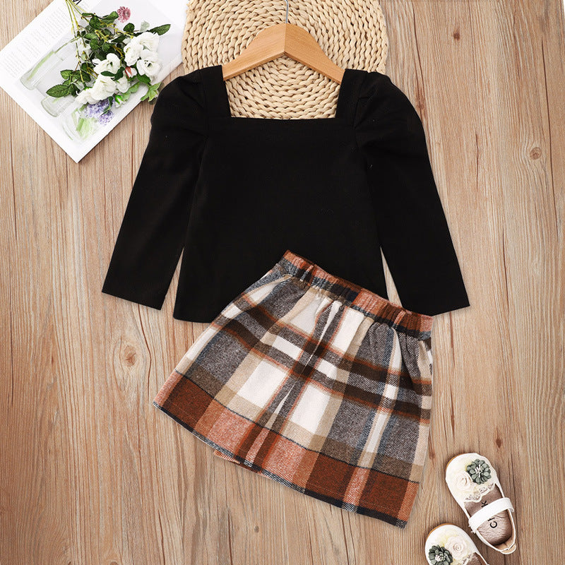 Girls' Long Sleeve Plaid Print Skirt 2pc Set