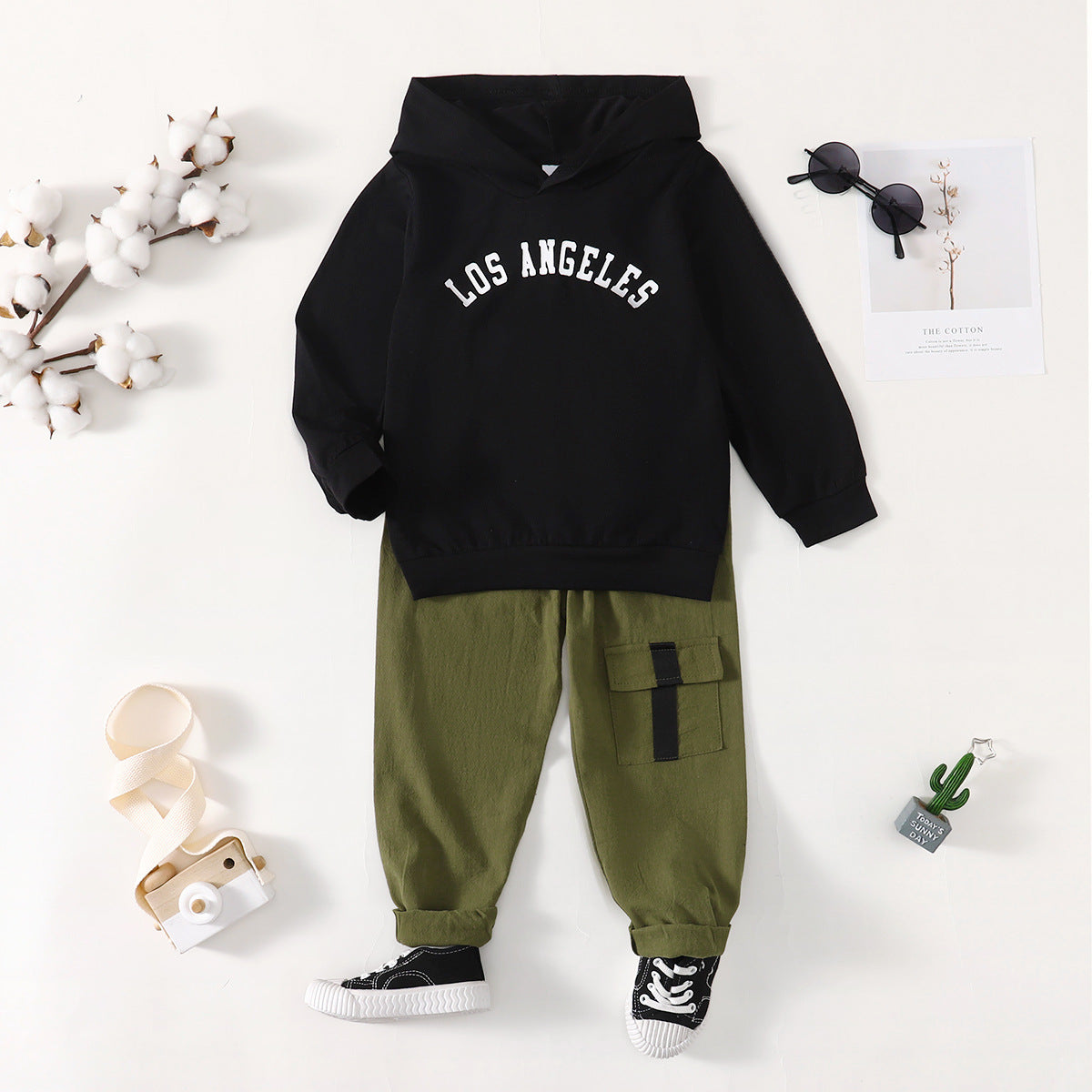 Boys' Printed Long-sleeved Top Solid Color Trousers Two-piece Set