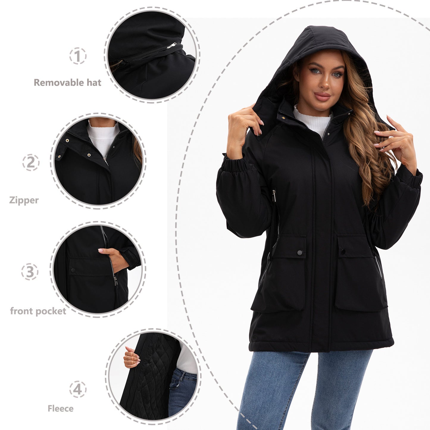 Parka Fleece Padded Coat, Waterproof Women's Fall Winter Coat