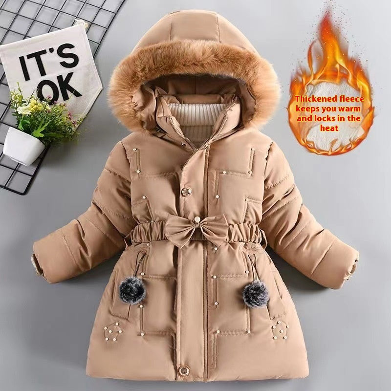 Girls' Winter Fleece-lined Coat, Thickened Cotton Jacket