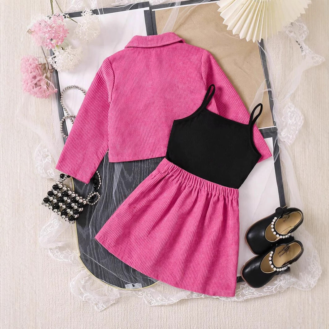 Girls' Spring Autumn Corduroy Short Skirt Sling Three-piece Set