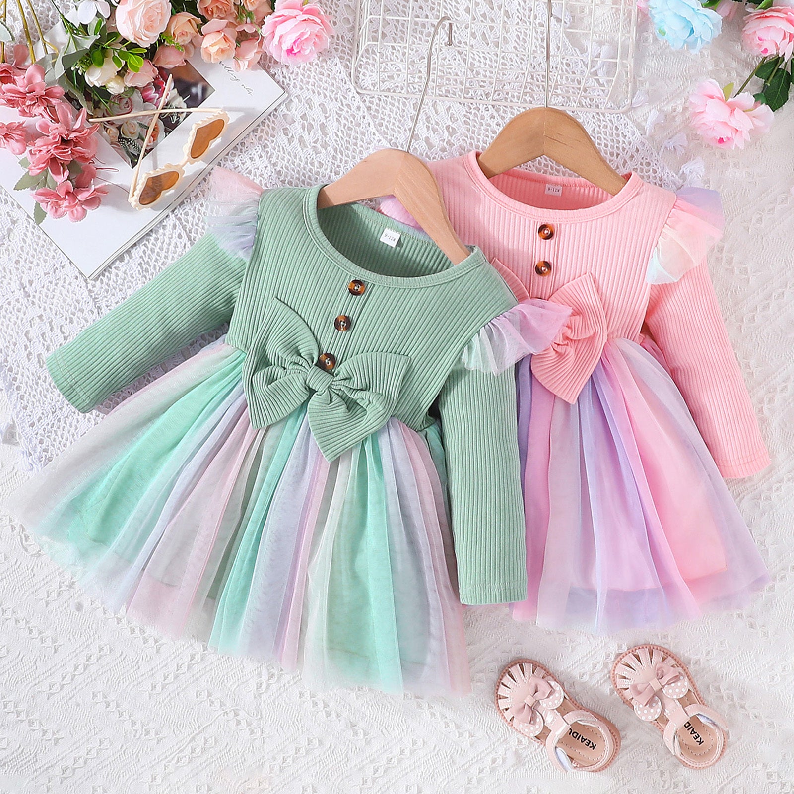Bow Mesh A- Line Dress Two-color Children's Dress