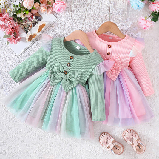 Bow Mesh A- Line Dress Two-color Children's Dress