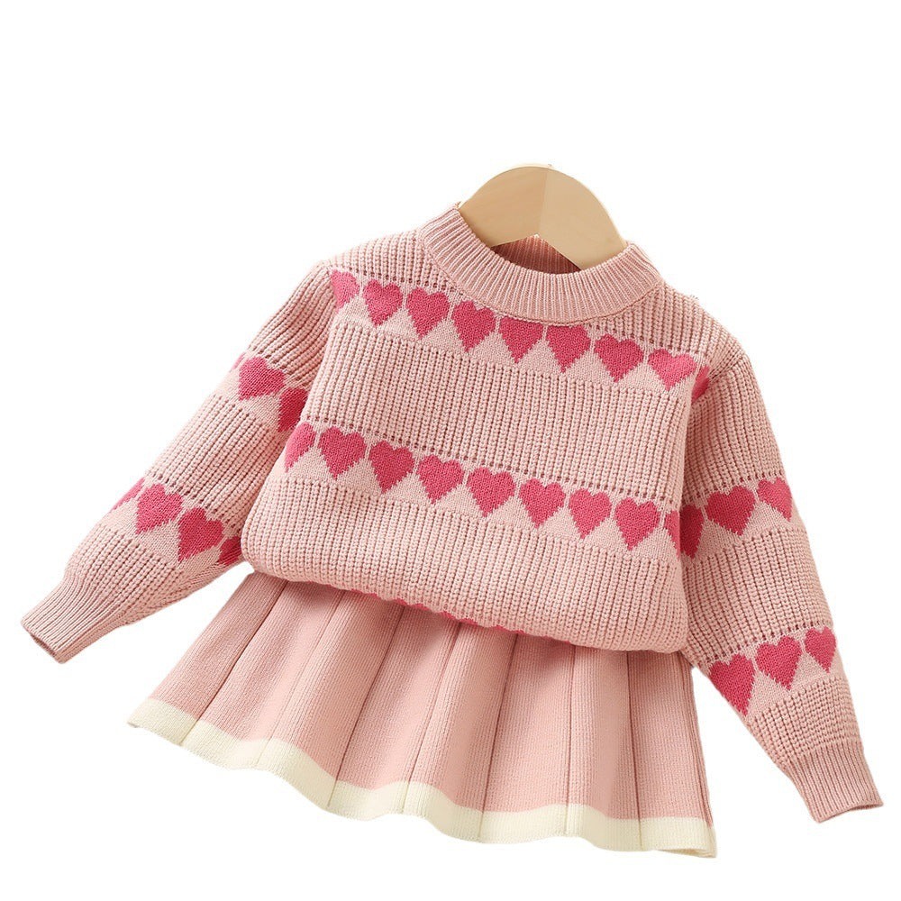 Girls' Fashion Personality Heart Knitted 2pc Skirt Set