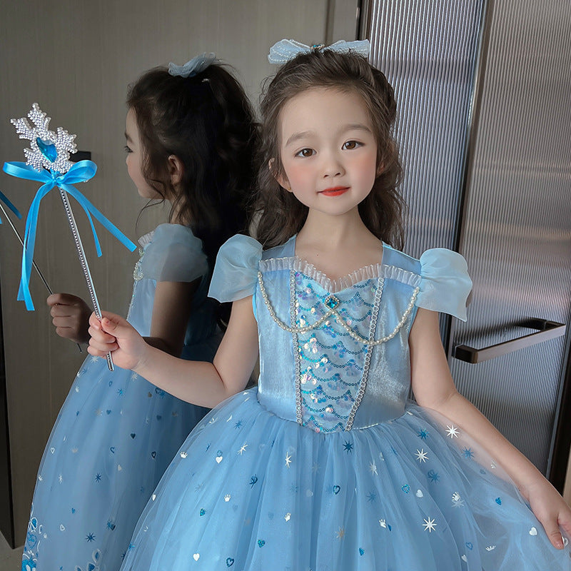 Girls' Elsa Cosplay Dress, Short-sleeved Puff Sleeve Dress, Theme Party Dress