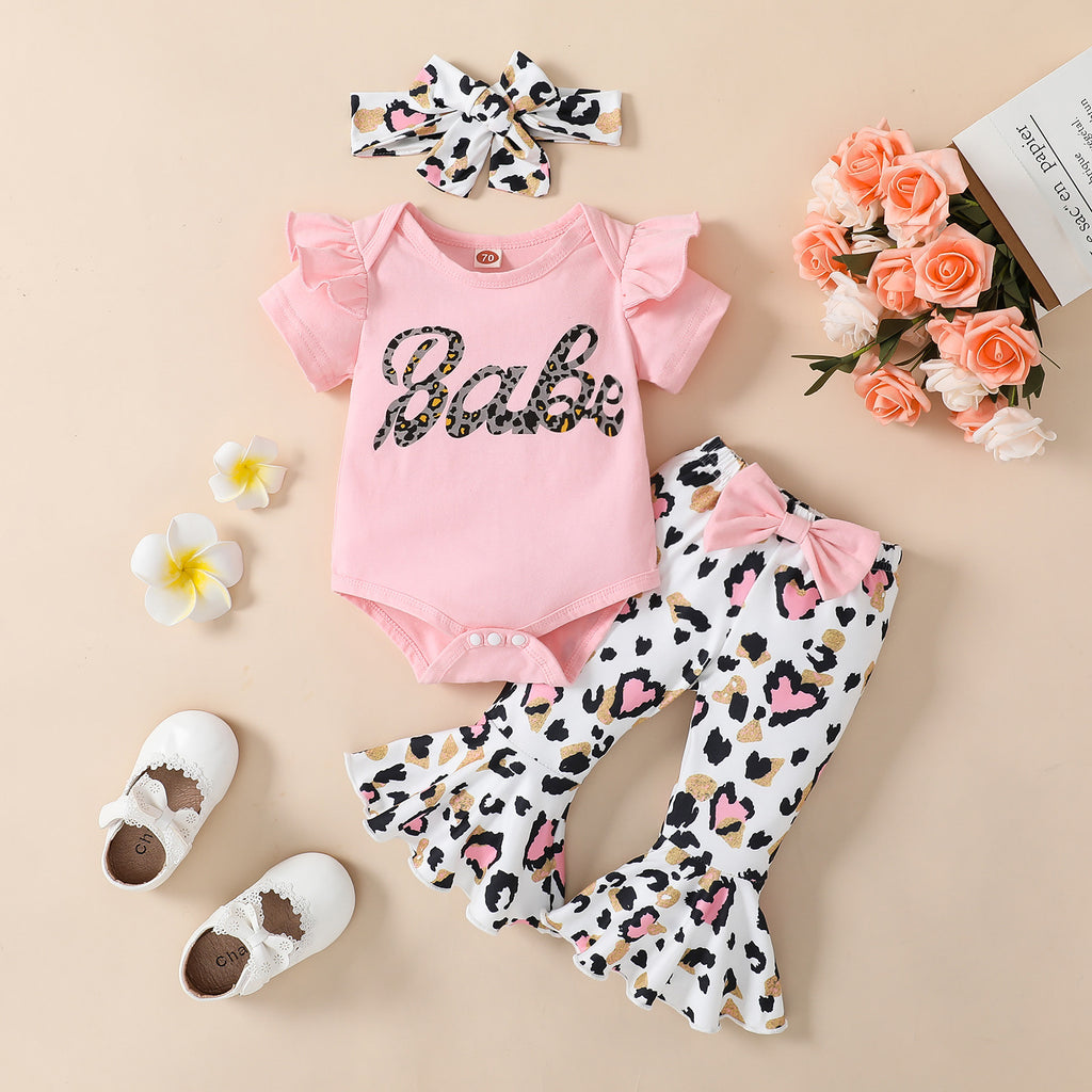 Baby/Toddler Girls' Onesie, Heart Pattern Flair Pants, Headband 3pc Set