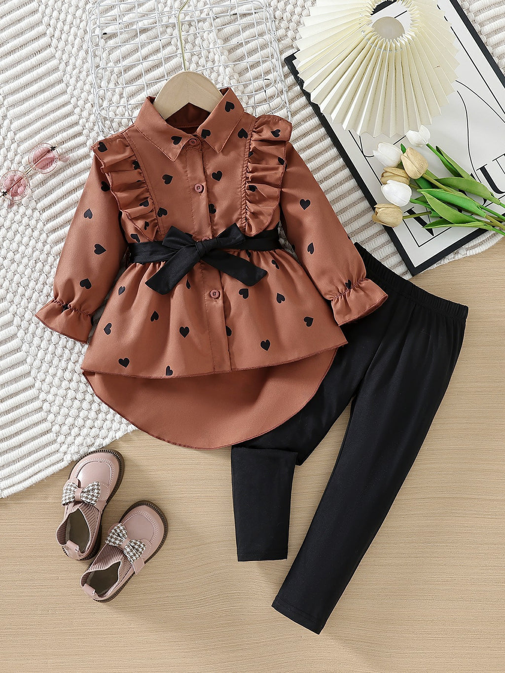 Girls' Fashion Long Shirt Including Belt Leggings Suit