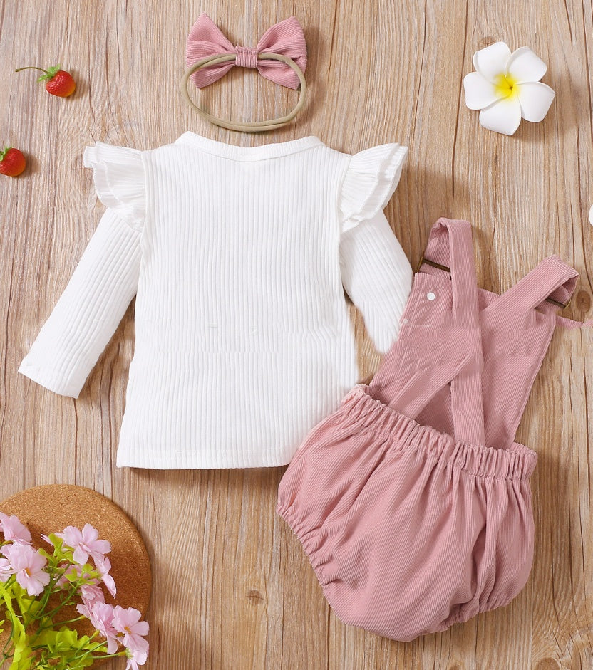 White Long Sleeve Top, Overall Onesie, Headband 3pc Set
