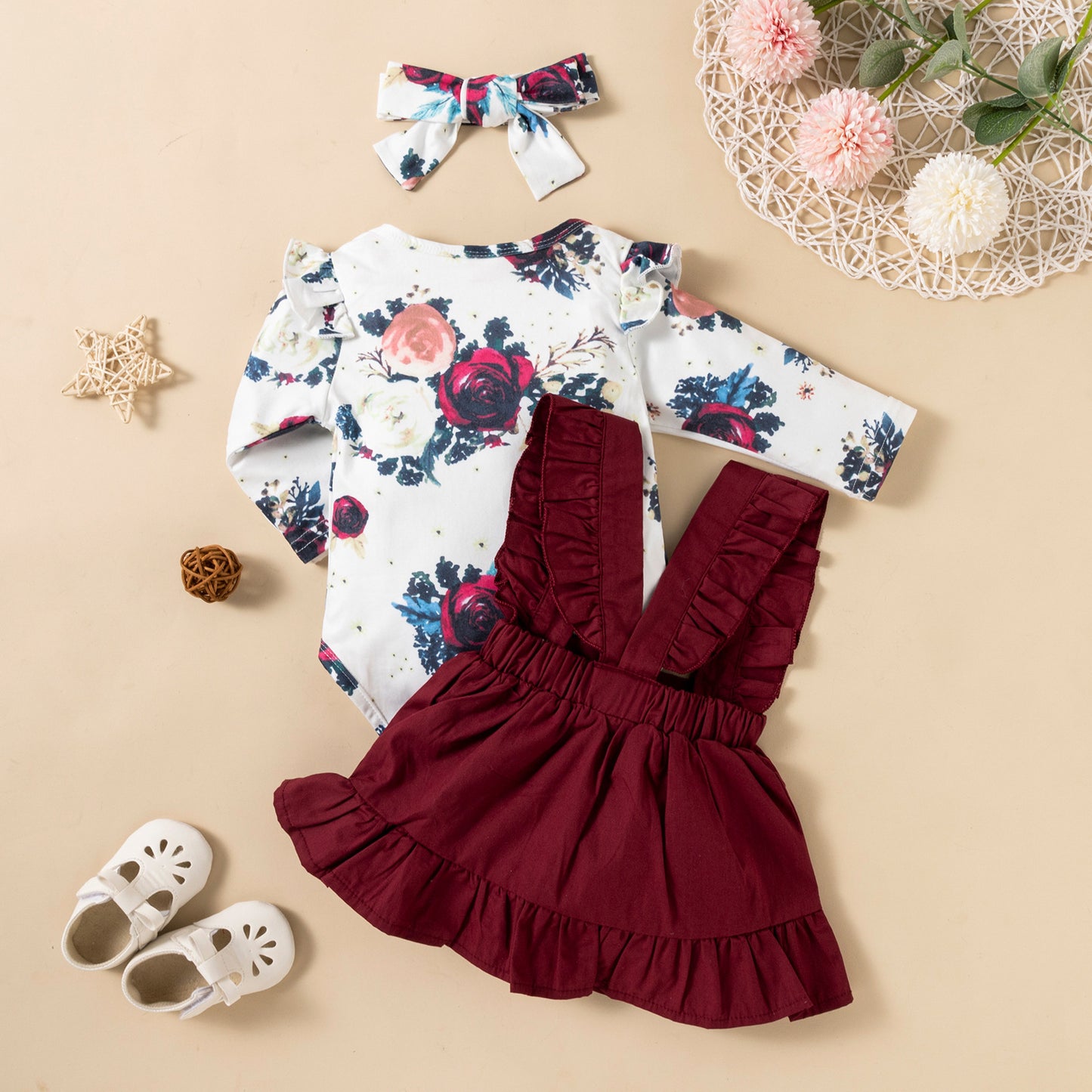 Printed Long-sleeved Baby Girl Ruffled Dress 3pc Set