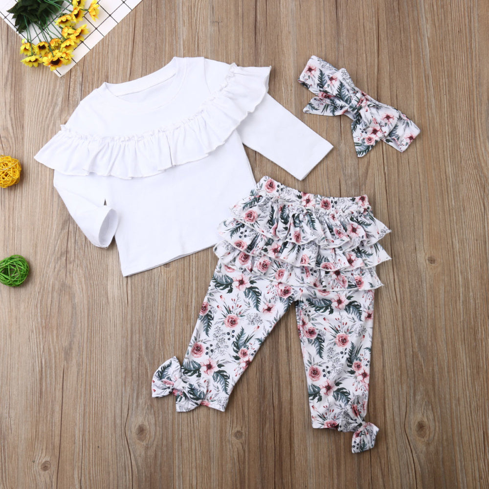 Girls' Lace Blouse With Multi-layer Printing Trousers And Flower Headband 3pc Set