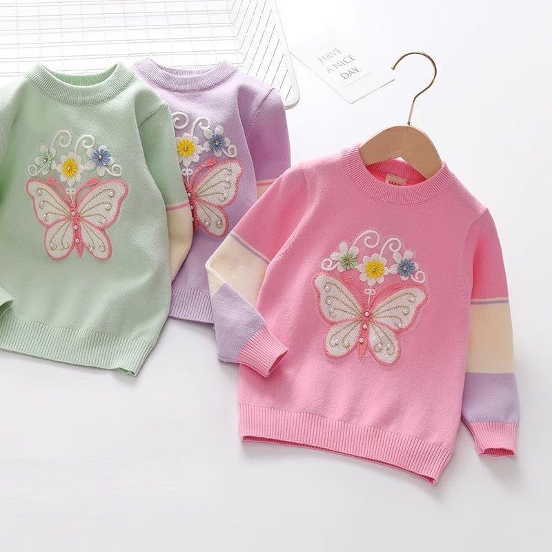 Girl's Butterfly Sweater, Children's Cotton Base Sweatshirt