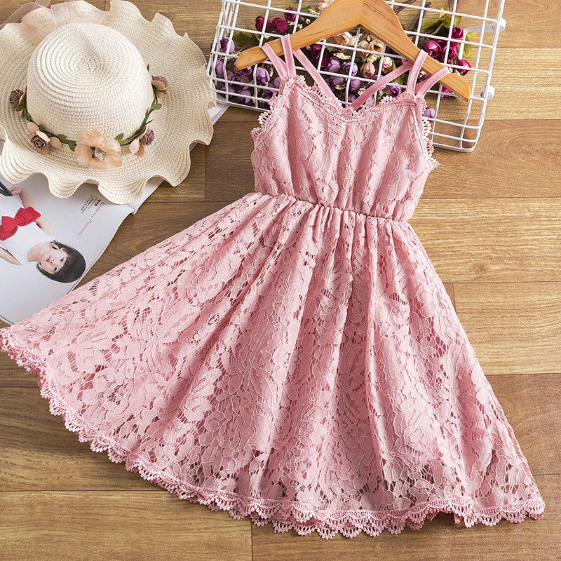 Girls' Embroidered Skirt Lace Dress With Straps