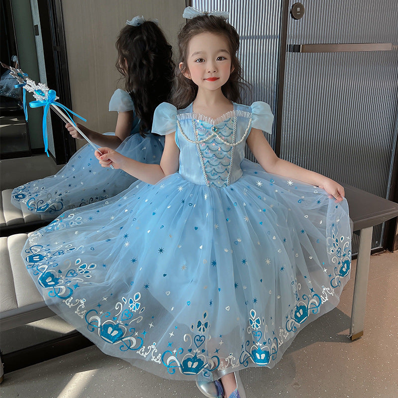 Girls' Elsa Cosplay Dress, Short-sleeved Puff Sleeve Dress, Theme Party Dress