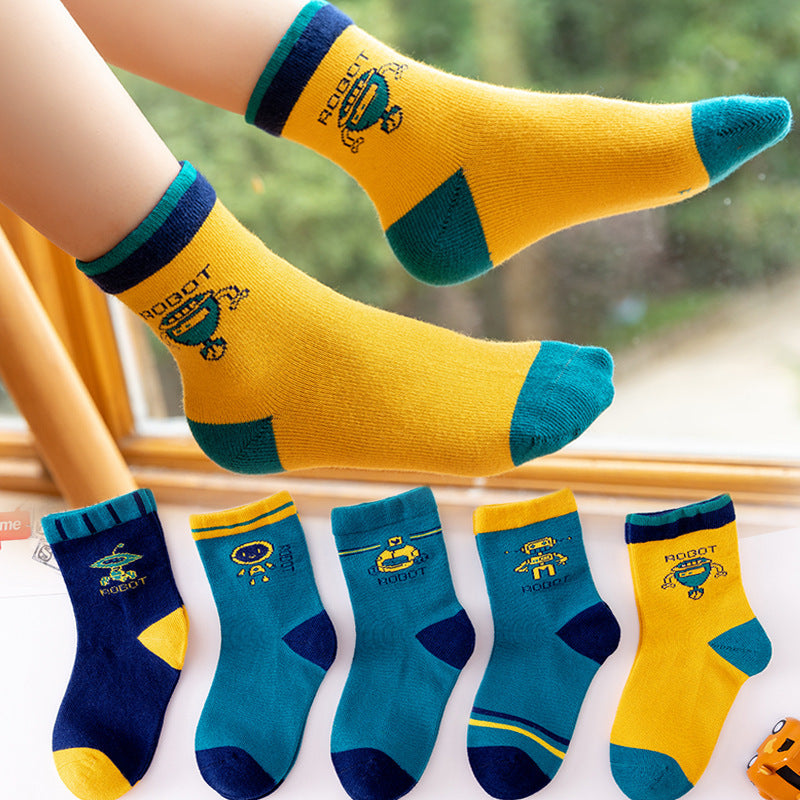 Cotton Socks 5 Pair Set Winter Sports Cartoon Girls' & Boys' Socks, Multiple Designs To Choose From