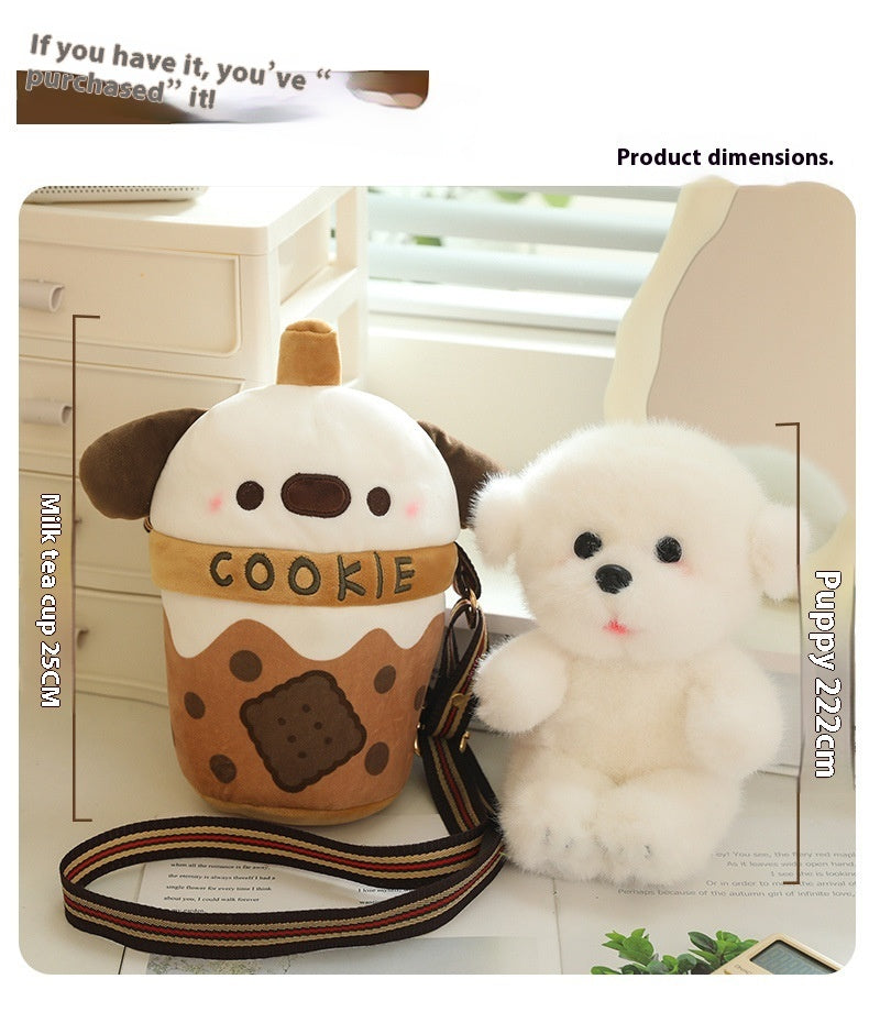 Milky Tea Cup Dog Crossbody Shoulder Bag Doll Plush Toy