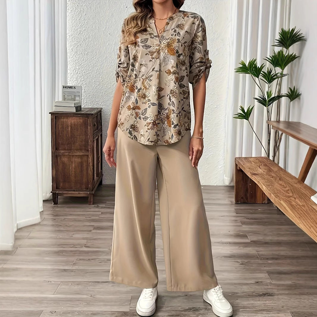 Khaki Printed Wide Leg Relaxed Casual Suit