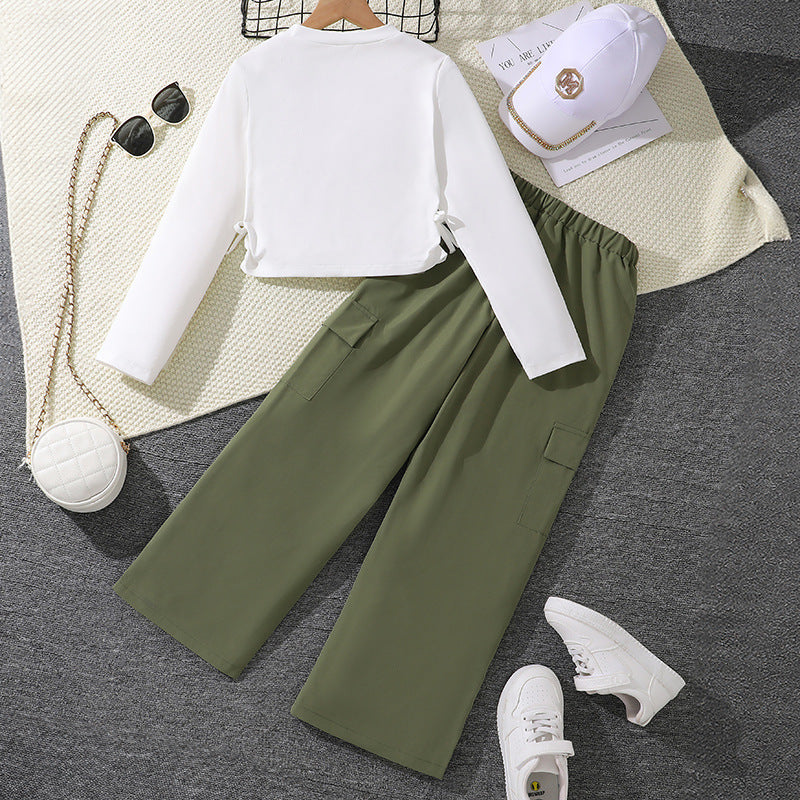 Girl All-match Letter Long Sleeve Sweater Wide Leg Pleated Overalls