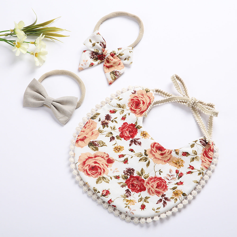 Newborn Baby Cute Floral Cotton Saliva Bib With Headband Set