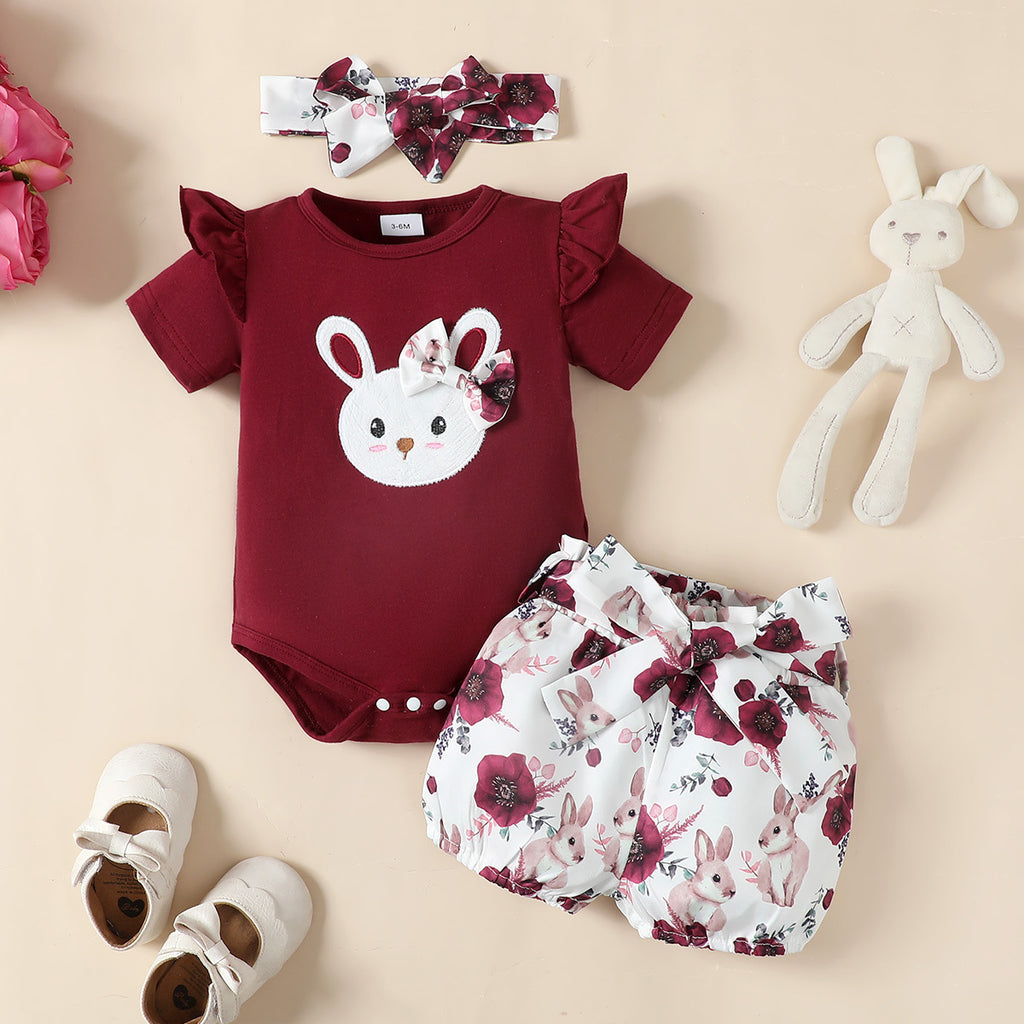 Rabbit Embroidered Flounced Sleeve Onesie Top Rabbit Printed Shorts with Headband 3pc Set