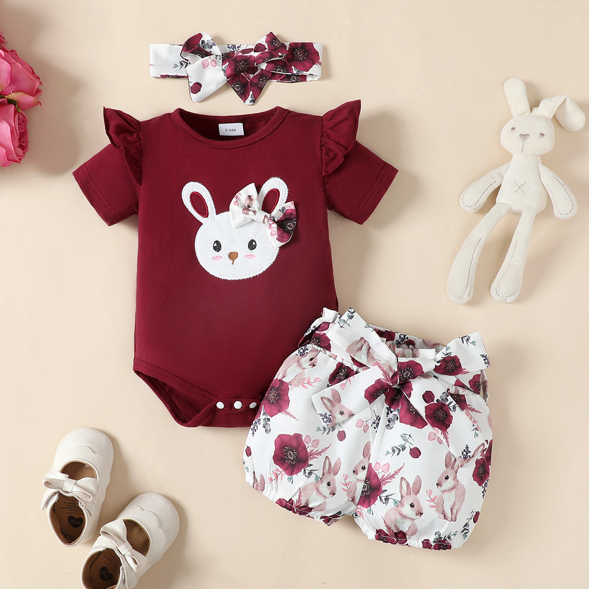 Rabbit Embroidered Flounced Sleeve Onesie Top Rabbit Printed Shorts with Headband 3pc Set