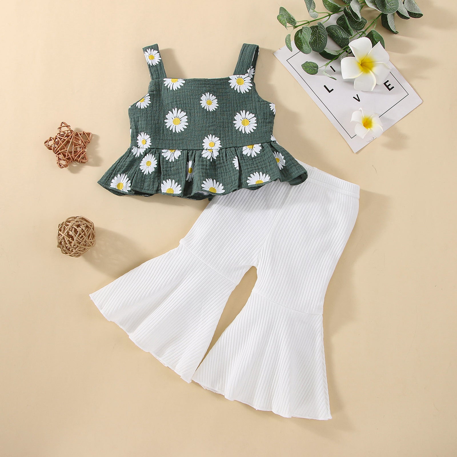 Baby/Toddler Double Wrinkled Cotton Top With Straps Flared Pants Set