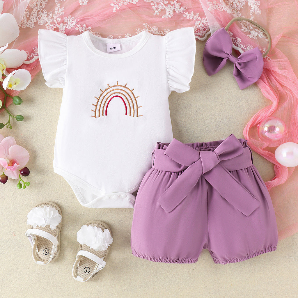 Girls' White Rainbow Embroidered Romper Shorts Set