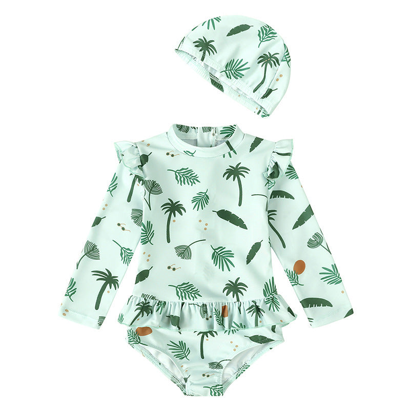 Girls' Floral Fresh Long-sleeved Quick-drying One-piece Swimsuit