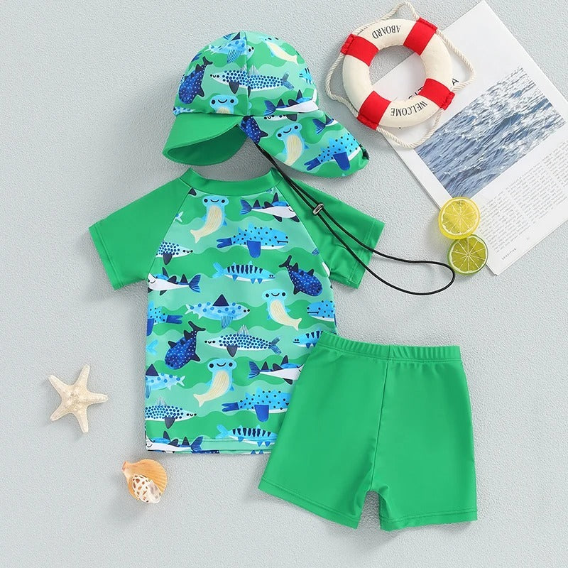 Boys' Split 3pc Swimsuit Hat Set