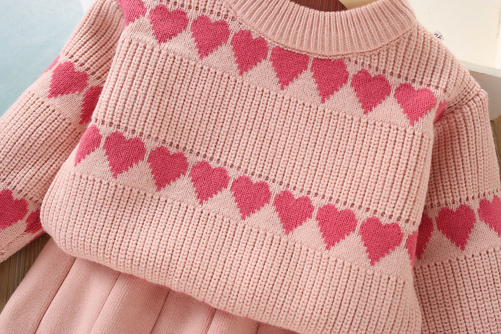 Girls' Fashion Personality Heart Knitted 2pc Skirt Set