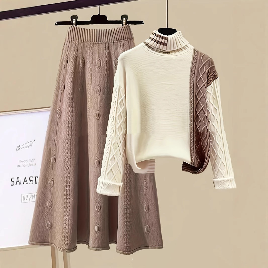 Fashion Polo Collar Contrast Colour High Class Elegant Design Woolen Skirt Two-piece Set