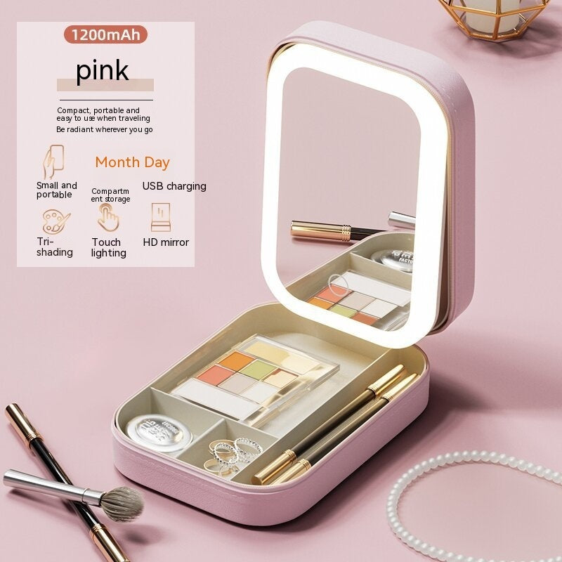 Portable Travel Makeup Cosmetics Storage Box, LED Light Touch, Gift For Mom