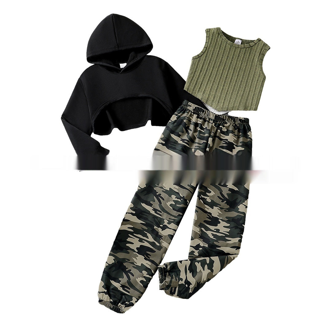 Girls' Cropped Hoodie Rib Vest Camouflage Full Printed Sweatpants Three-piece Set