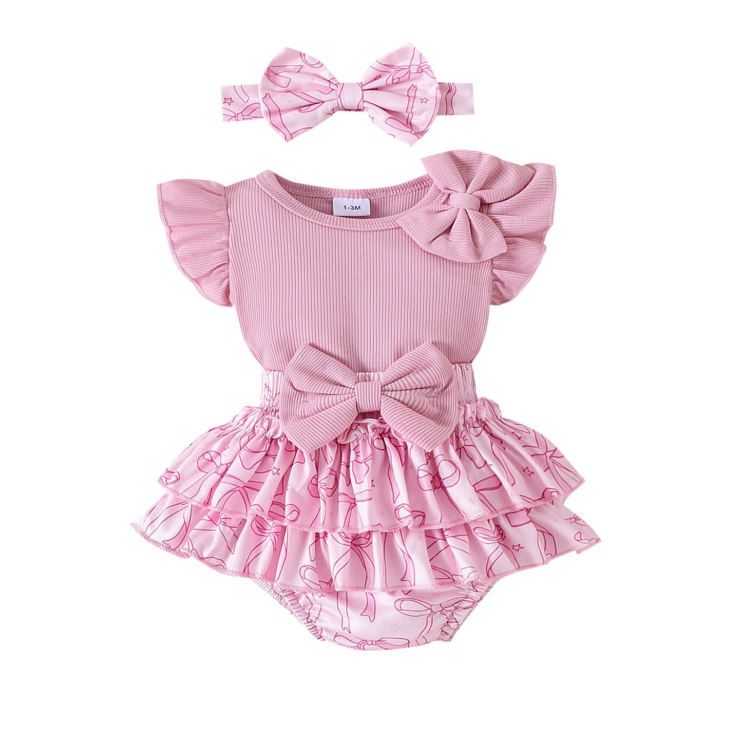 Baby Flutter-sleeve Romper Printed Shorts Set