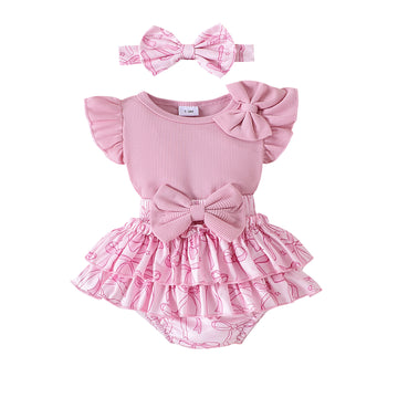Baby Flutter-sleeve Romper Printed Shorts Set