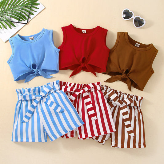 Girls' Summer New Striped Sleeveless Suit