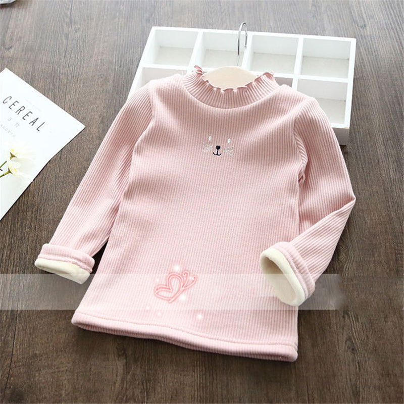 Girls' Fleece-lined Wooden Ear Thickened Thermal Shirt